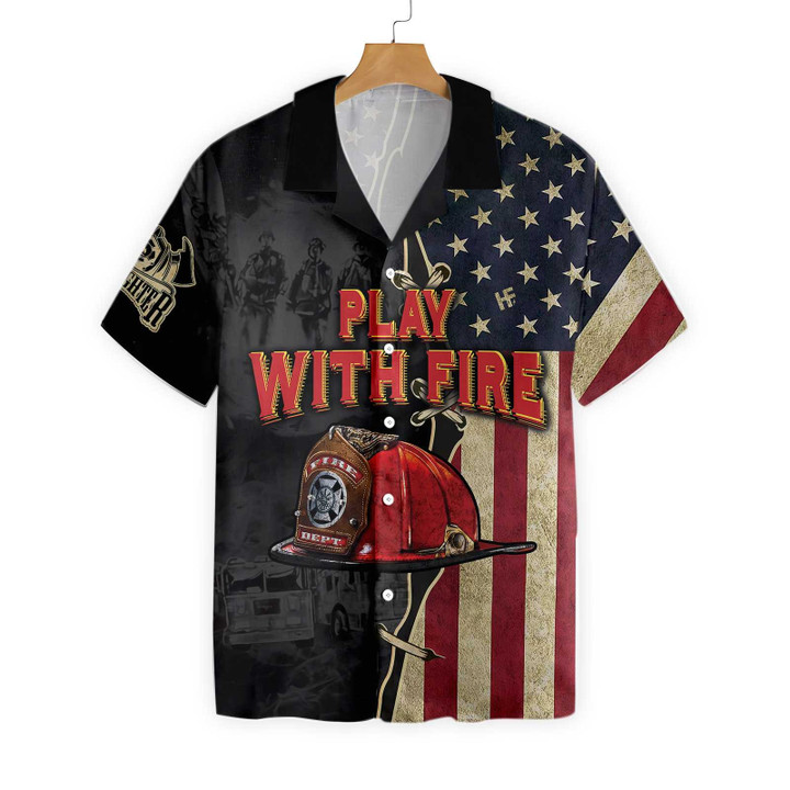 Play With Fire Firefighter Helmet American Flag Hawaiian Shirt, Black And White Fire Truck Firefighter Hawaiian Shirt