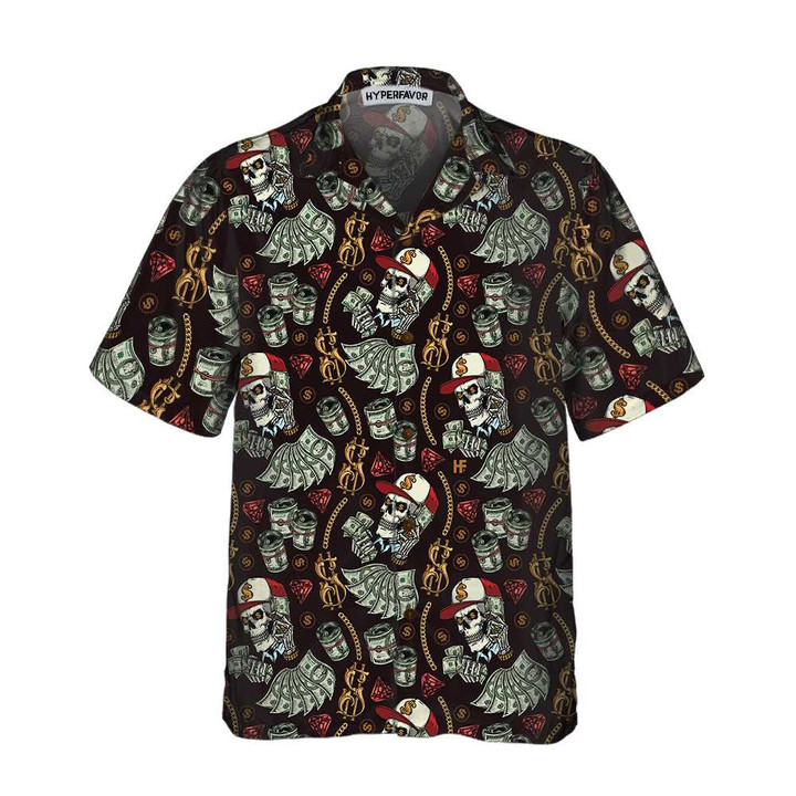Skull And Dollars Seamless Pattern With Gold Chains Hawaiian Shirt, Short Sleeve Money Shirt
