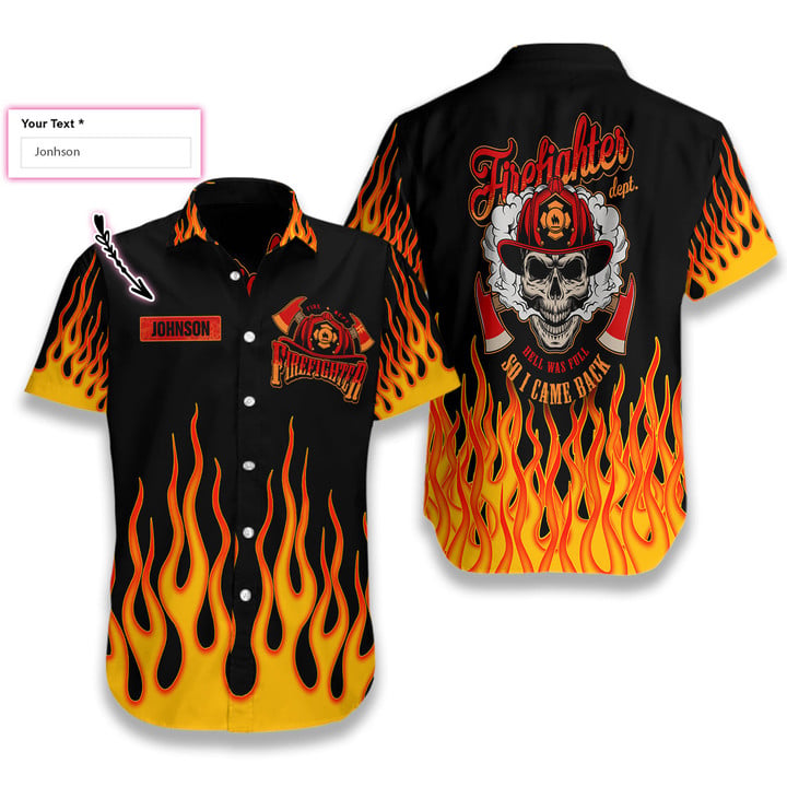 Skull Flame Firefighter Custom Hawaiian Shirt, Personalized Came Black From Hell Firefighter Shirt For Men
