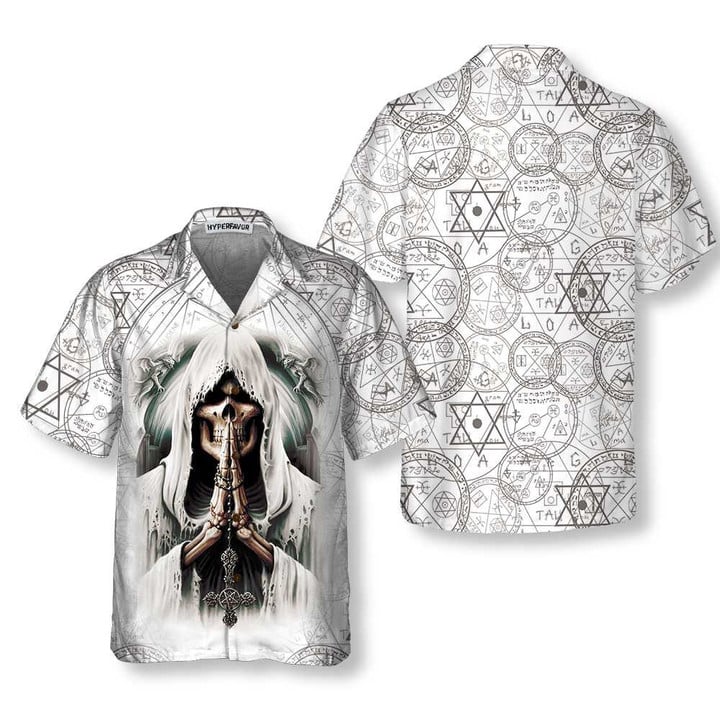 Pray Skull Hawaiian Shirt, Unique Satanic Pattern Skull Shirt For Men And Women