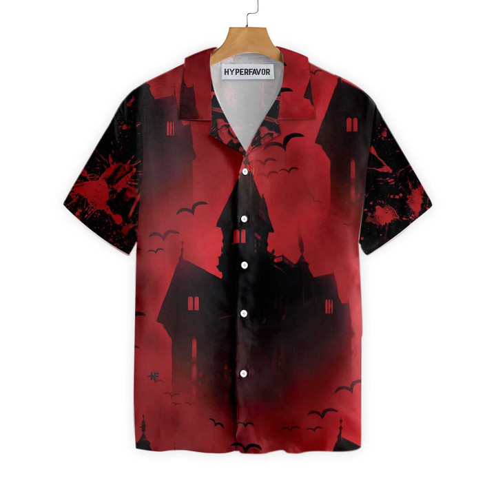 Scary Vampire Castle Halloween Hawaiian Shirt For Men, Black And Red Castle Transylvania Hawaiian Shirt