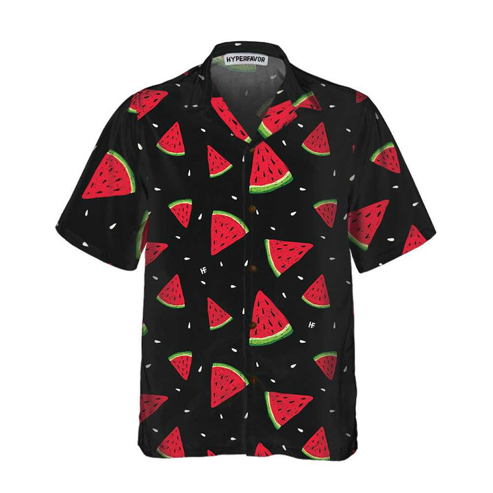 Seamless Hand Drawn Watermelon Pattern Hawaiian Shirt, Black Watermelon Print Shirt For Men & Women
