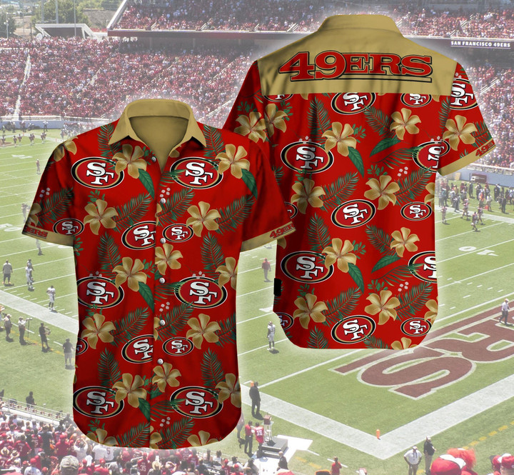 San Francisco 49ers Logo Flowers Hawaii Shirt Summer Button Up Shirt For Men Beach Wear Short Sleeve Hawaii Shirt