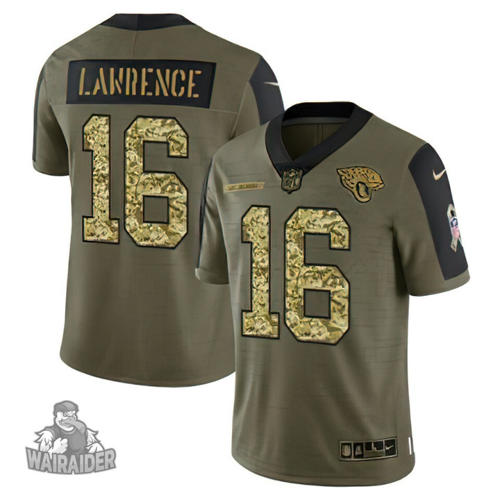 Men's Olive Jacksonville Jaguars #16 Trevor Lawrence 2021 Camo Salute To Service Limited Stitched Jersey