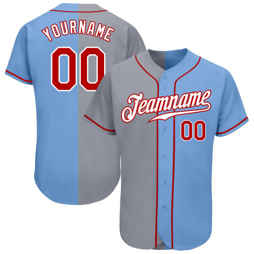 Custom Light Blue Red-Gray Authentic Split Fashion Baseball Jersey