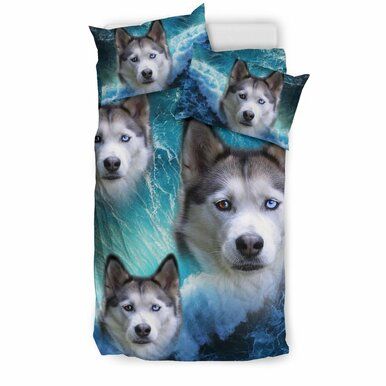 Siberian Husky With Ocean Print Bedding Set , Comforter Set