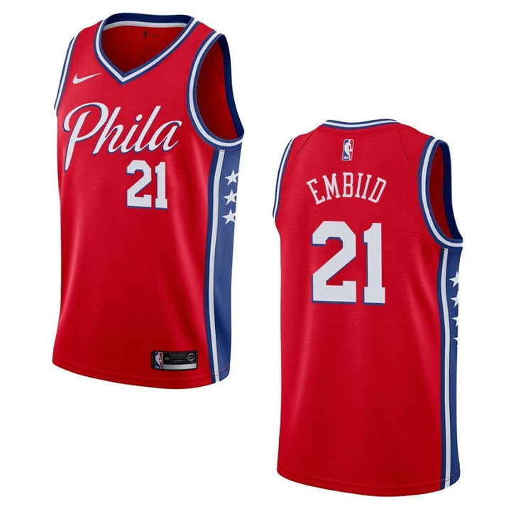 Men's 2019-20 Philadelphia 76ers #21 Joel Embiid Statement Swingman Jersey - Red , Basketball Jersey