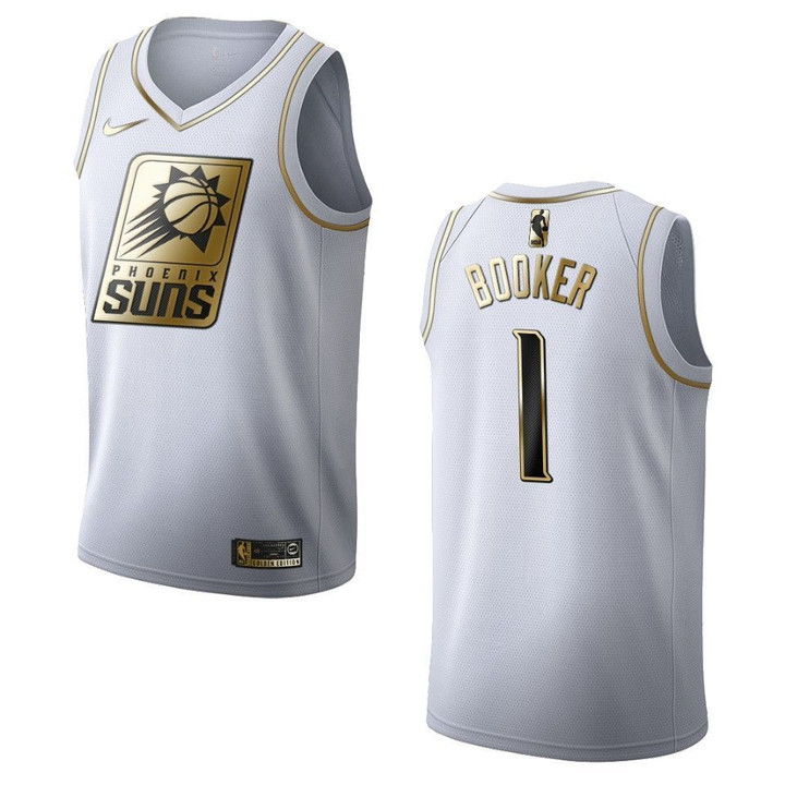 Men's Phoenix Suns #1 Devin Booker Golden Edition Jersey - White , Basketball Jersey