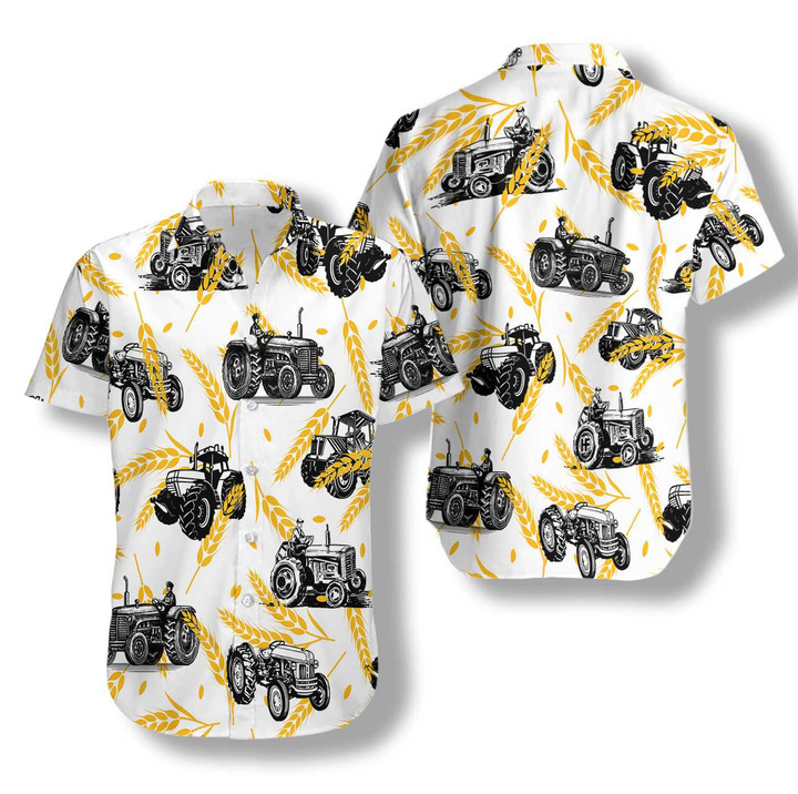 Tractors On Wheat Pattern Hawaiian Shirt