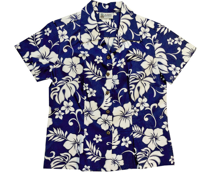 Hibiscus Party Navy Fitted Women's Hawaiian Shirt