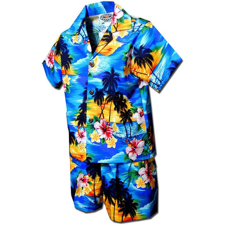 Diamond Head Sunset Blue Boy's Hawaiian Shirt and Shorts