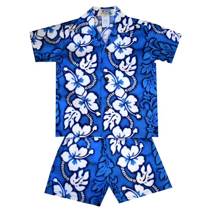 White Hibiscus Panel Blue Boy's Hawaiian Shirt and Shorts