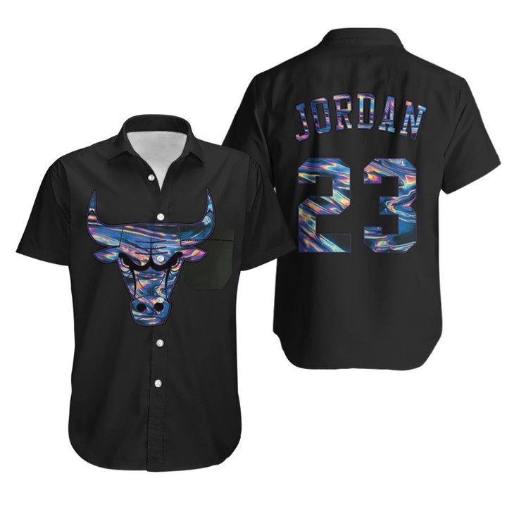 Bulls Michael Jordan Iridescent Holographic Black Jersey Inspired Hawaiian Shirt
