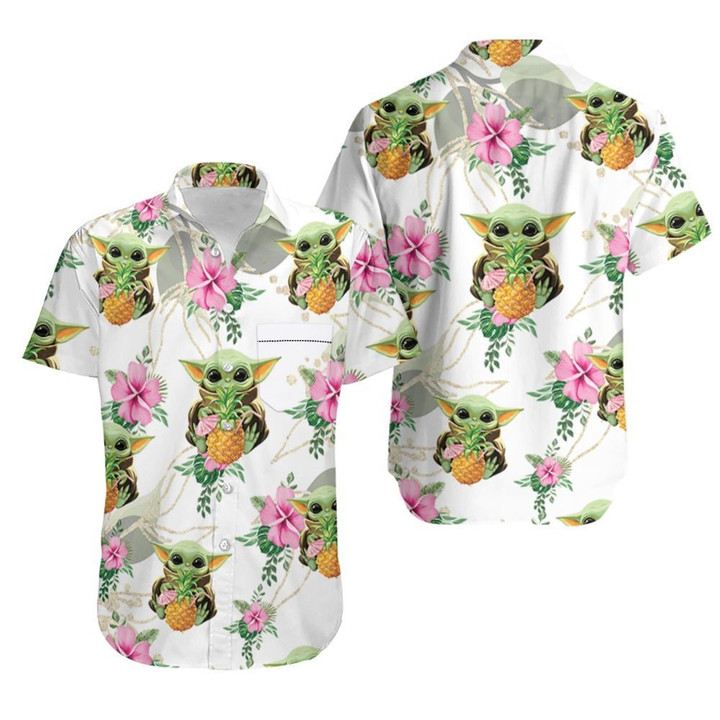 Baby Yoda Hugging Pineapples Seamless Tropical Colorful Flowers On White Hawaiian Shirt