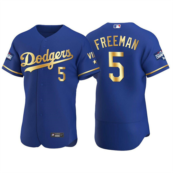 Men's Los Angeles Dodgers #5 Freddie Freeman Royal Golden Flex Base Stitched Jersey