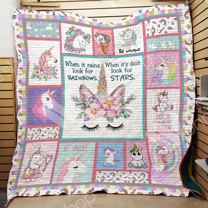 Unicorn When It Rains Look For Rainbows 3D Customized Quilt Blanket Size Single, Twin, Full, Queen, King, Super King  