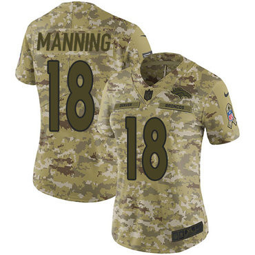 Broncos #18 Peyton Manning Camo Women's Stitched NFL Limited 2018 Salute To Service Jersey