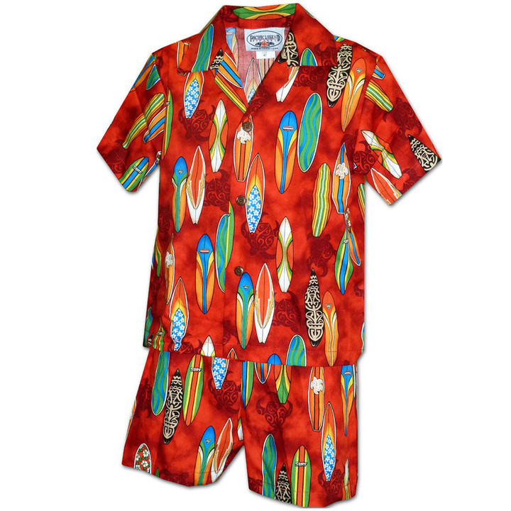 Surfboard Dream Red Boy's Hawaiian Shirt and Shorts