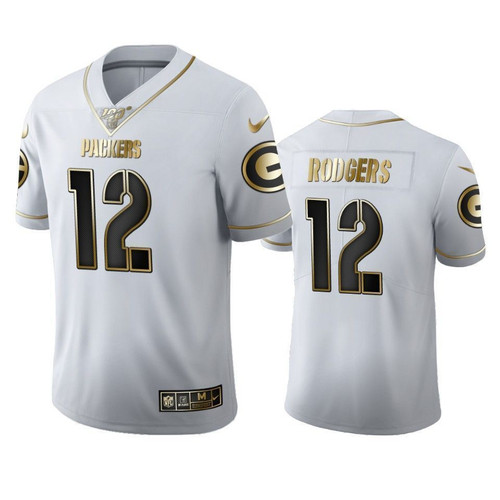 Aaron Rodgers Packers White 100th Season Golden Edition Jersey