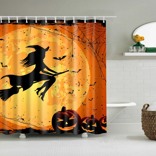Halloween Flying Witch Shadow Shower Curtain Bathroom Decor