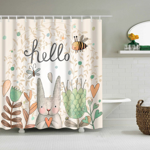Easter Holiday Cute Rabbit and Bee Hello Spring Shower Curtain Bathroom Decor