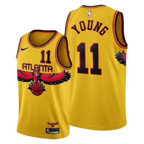 Men Hawks #11 Trae Young Gold 2021-22 City Edition Jersey Throwback 90s
