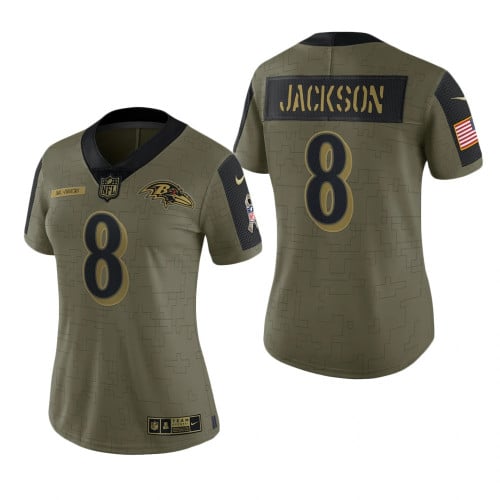 Women's Baltimore Ravens Lamar Jackson Olive 2021 Salute To Service Limited Jersey