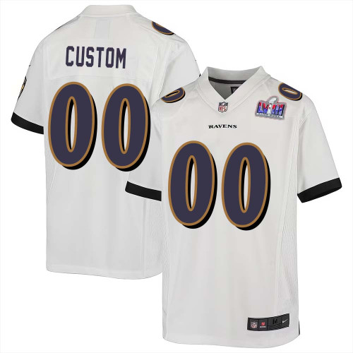Custom Baltimore Ravens Super Bowl LVIII Away Game Player Jersey for Youth – White – Replica