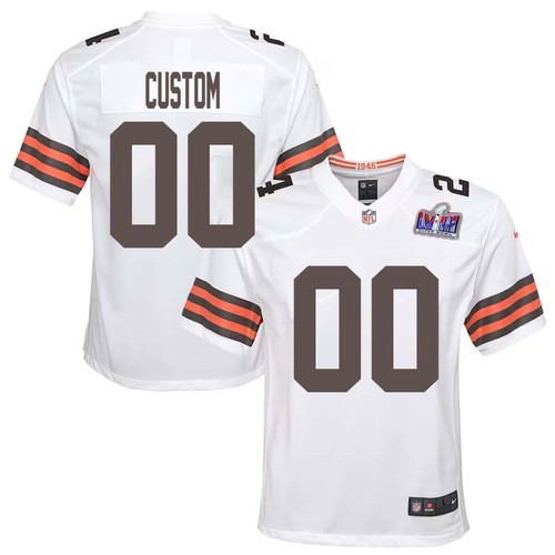 Youth Custom White Cleveland Browns Super Bowl LVIII Away Game Jersey – Replica