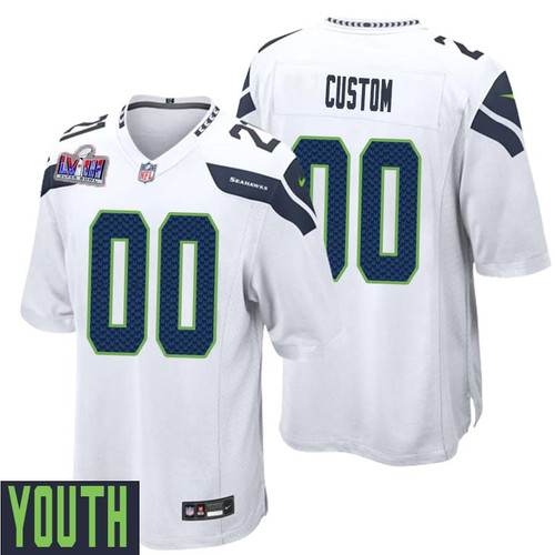 Youth Custom White Seattle Seahawks Super Bowl LVIII Away Game Jersey – Replica