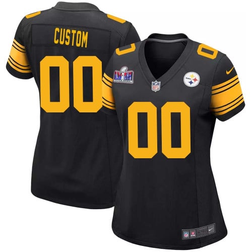Custom Pittsburgh Steelers Super Bowl LVIII Black Alternate Game Jersey for Women – Replica