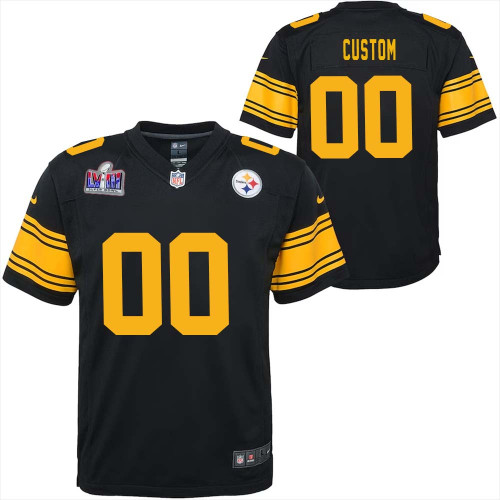 Custom Pittsburgh Steelers Super Bowl LVIII Black Alternate Game Jersey for Youth – Replica