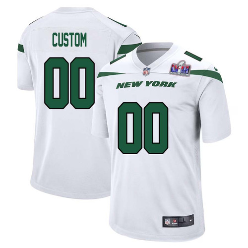 Men Custom White New York Jets Super Bowl LVIII Player Away Game Jersey – Replica