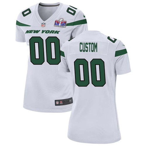 Women Custom White New York Jets Super Bowl LVIII Player Away Game Jersey – Replica