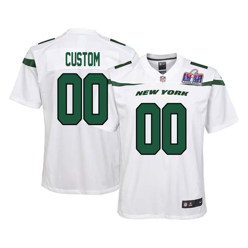 Youth Custom White New York Jets Super Bowl LVIII Player Away Game Jersey – Replica