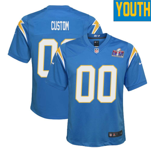 Custom Youth Los Angeles Chargers Super Bowl LVIII Home Game Jersey – Powder Blue – Replica