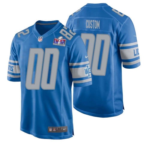 Men Custom Blue Detroit Lions Super Bowl LVIII Player Home Game Jersey – Replica
