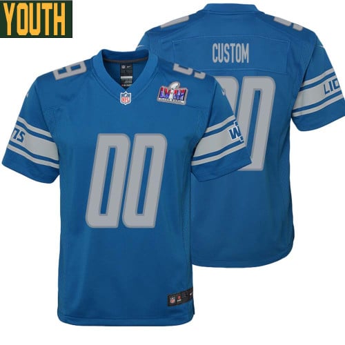 Youth Custom Blue Detroit Lions Super Bowl LVIII Player Home Game Jersey – Replica