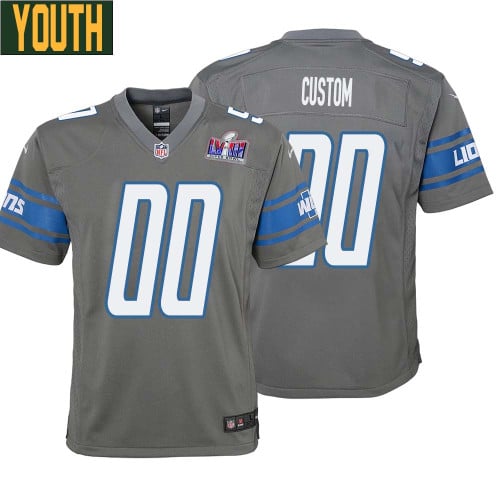 Youth Custom Gray Detroit Lions Alternate Super Bowl LVIII Game Jersey – Replica