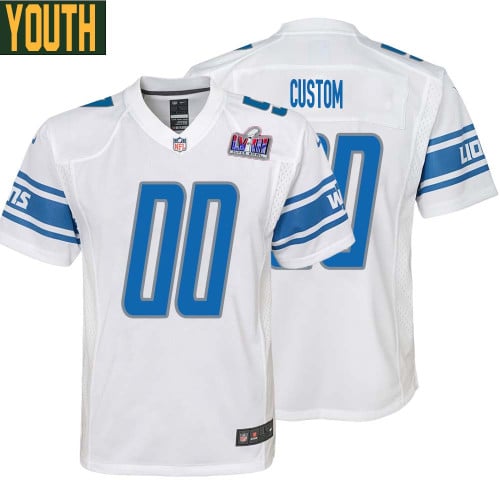 Youth Custom White Detroit Lions Super Bowl LVIII Away Game Jersey – Replica