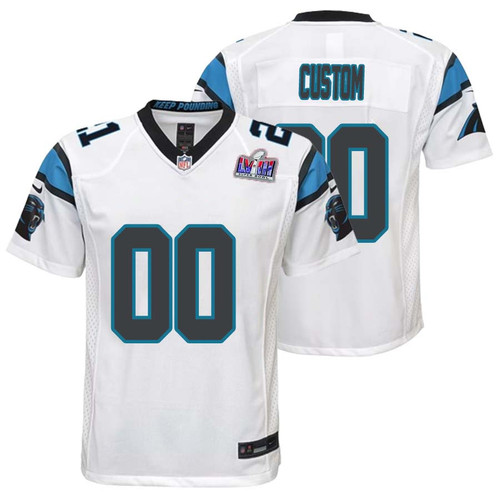 Custom Carolina Panthers Super Bowl LVIII Road Game Jersey 22-23 – White for Youth – Replica