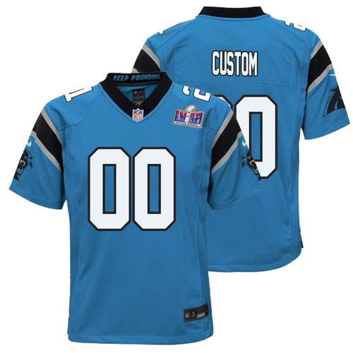 Custom Youth Carolina Panthers Super Bowl LVIII Alternate Game Jersey – Blue – Replica