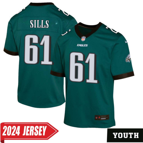 Josh Sills No 61 Youth's Midnight Green Philadelphia Eagles Player 2024 Game Jersey