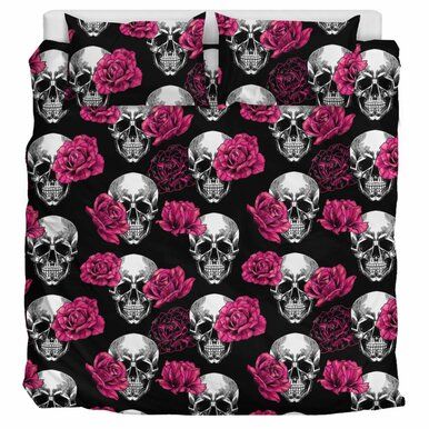 Pink Floral Skull Bedding Set , Comforter Set