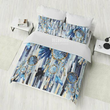 Bohemian Dreamcatcher Bedding, Feathers Dream-catcher Duvet Cover Set, Boho Watercolor Bedspread Bedroom Decor , Comforter Set