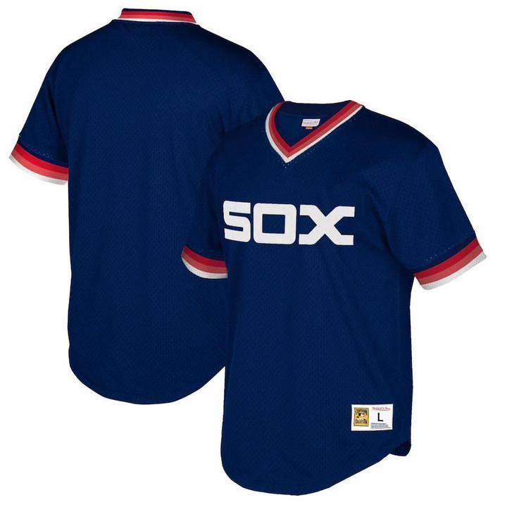 Chicago White Sox Mitchell And Ness Big And Tall Cooperstown Collection Mesh Wordmark V-Neck- Navy Jersey