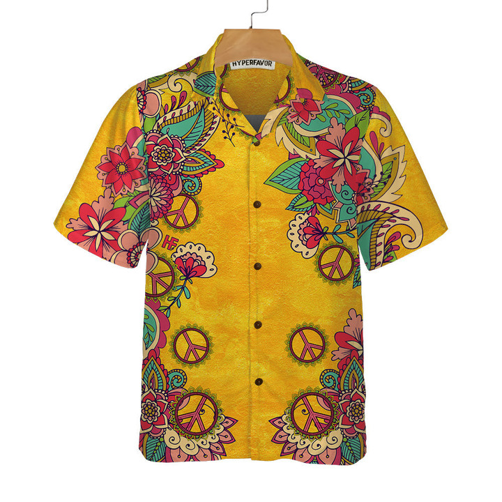 Yellow Hippie Peace Sign And Flowers Hawaiian Shirt, Foral Hippie Peace Sign Shirt, Best Hippie Gift