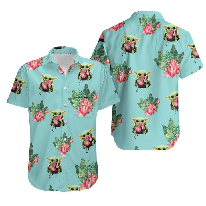 Baby Yoda Hugging Flamingos Seamless Tropical Leaves Lotuses On Teal Hawaiian Shirt