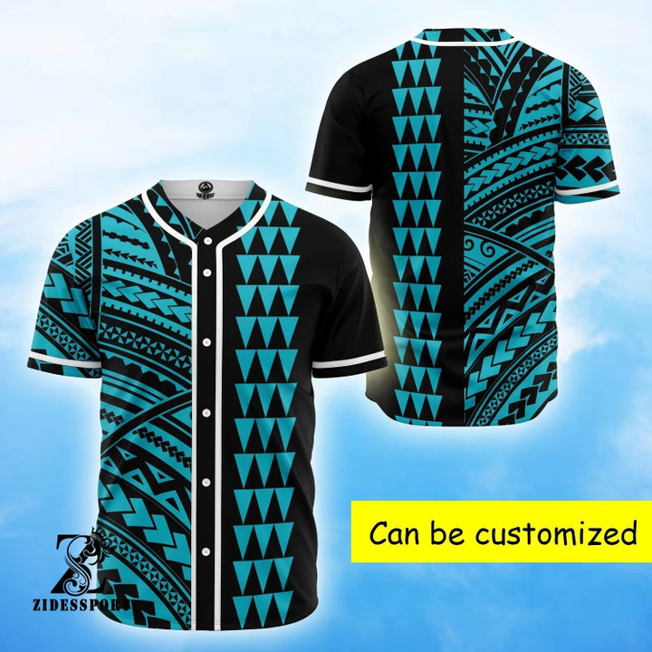 Hawaii Kakau Blue Polynesian Baseball Jersey | Colorful | Adult Unisex | S - 5XL Full Size - Baseball Jersey LF