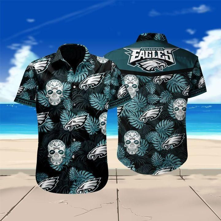 Philadelphia eagles sugar skull floral Hawaiian Shirt White Men Women Beach Wear Short Sleeve Hawaii Shirt